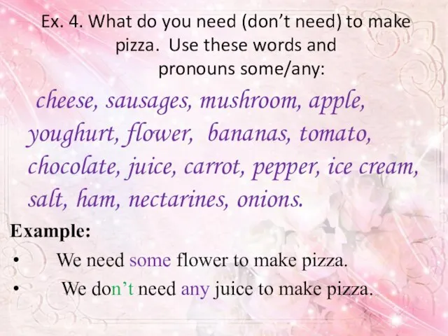 Ex. 4. What do you need (don’t need) to make pizza. Use