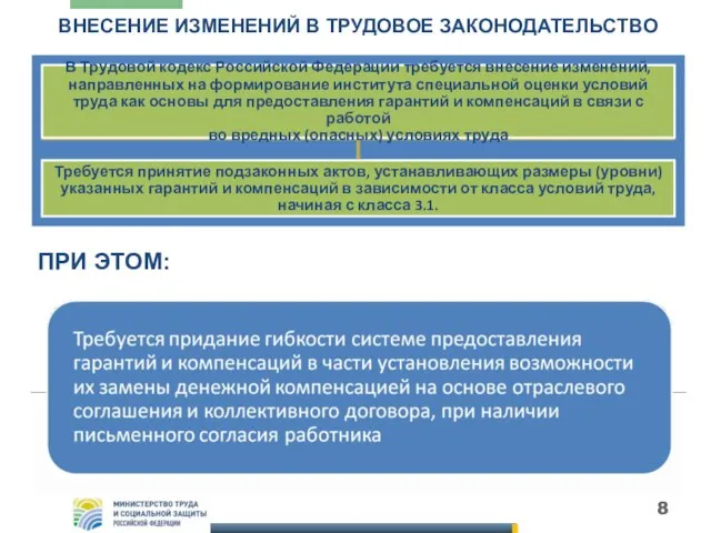 ВНЕСЕНИЕ ИЗМЕНЕНИЙ В ТРУДОВОЕ ЗАКОНОДАТЕЛЬСТВО Требуется принятие подзаконных актов, устанавливающих размеры (уровни)