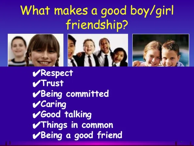 What makes a good boy/girl friendship? Respect Trust Being committed Caring Good