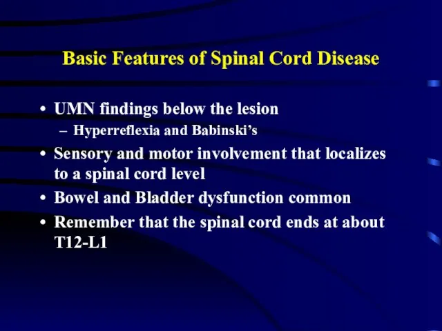 Basic Features of Spinal Cord Disease UMN findings below the lesion Hyperreflexia