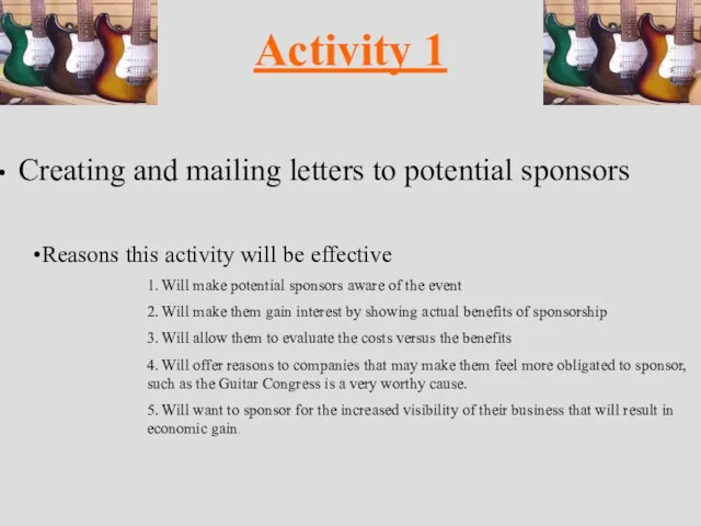 Activity 1 Creating and mailing letters to potential sponsors Reasons this activity