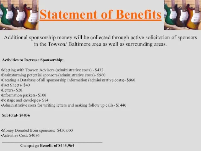 Statement of Benefits Additional sponsorship money will be collected through active solicitation