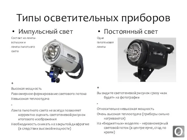 Типы осветительных приборов Импульсный свет Состоит из лампы- вспышки и лампы пилотного