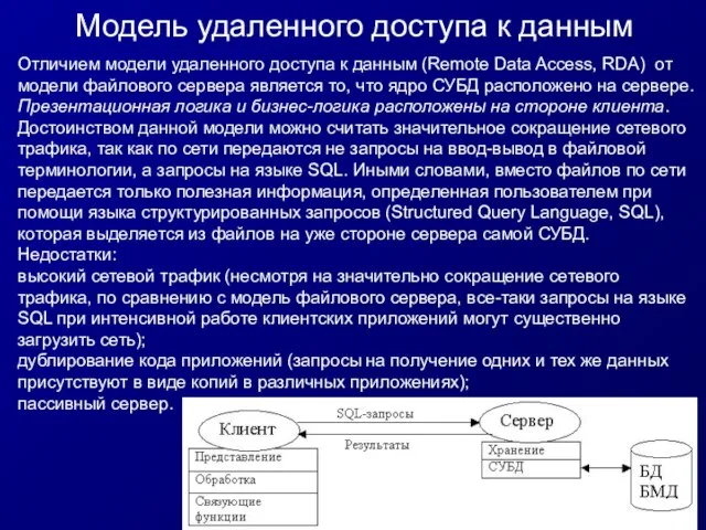 Модель удаленного доступа к данным Отличием модели удаленного доступа к данным (Remote