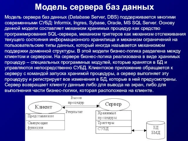 Модель сервера баз данных Модель сервера баз данных (Database Server, DBS) поддерживается