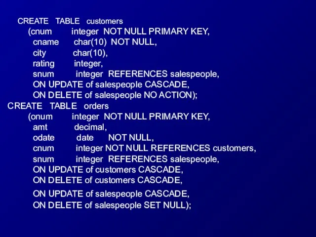 CREATE TABLE customers (cnum integer NOT NULL PRIMARY KEY, cname char(10) NOT