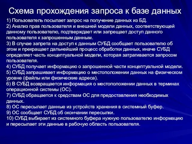 Схема прохождения запроса к базе данных 1) Пользователь посылает запрос на получение