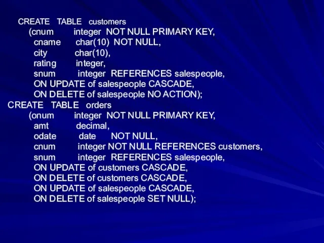 CREATE TABLE customers (cnum integer NOT NULL PRIMARY KEY, cname char(10) NOT