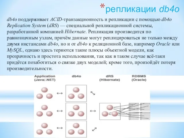 репликации db4o db4o поддерживает ACID-транзакционность и репликации с помощью db4o Replication System