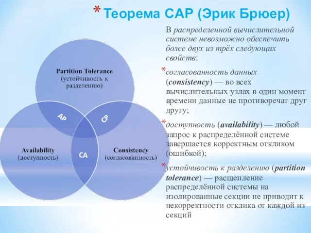 Теорема CAP (Эрик Брюер) В распределенной вычислительной системе невозможно обеспечить более двух