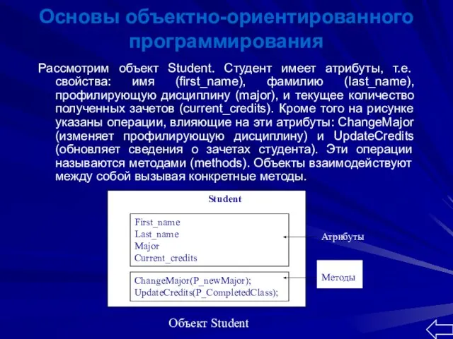 Основы объектно-ориентированного программирования Рассмотрим объект Student. Студент имеет атрибуты, т.е. свойства: имя