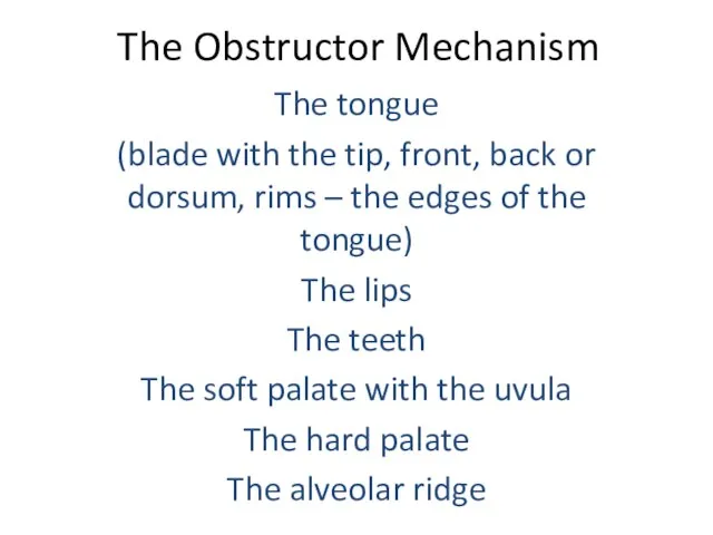 The Obstructor Mechanism The tongue (blade with the tip, front, back or