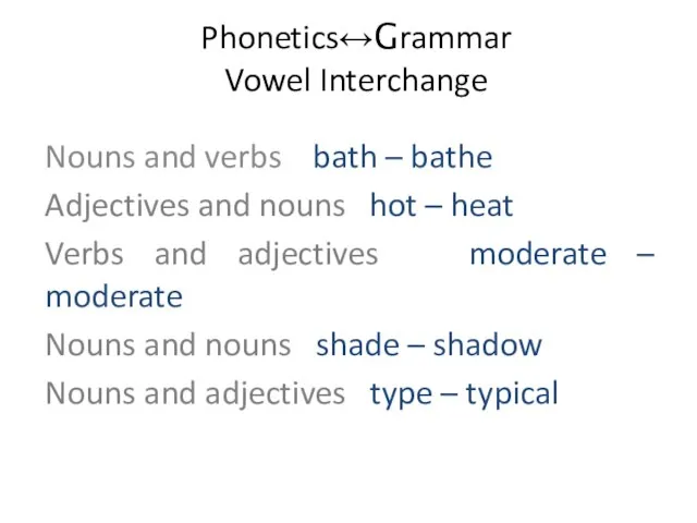 Phonetics↔Grammar Vowel Interchange Nouns and verbs bath – bathe Adjectives and nouns