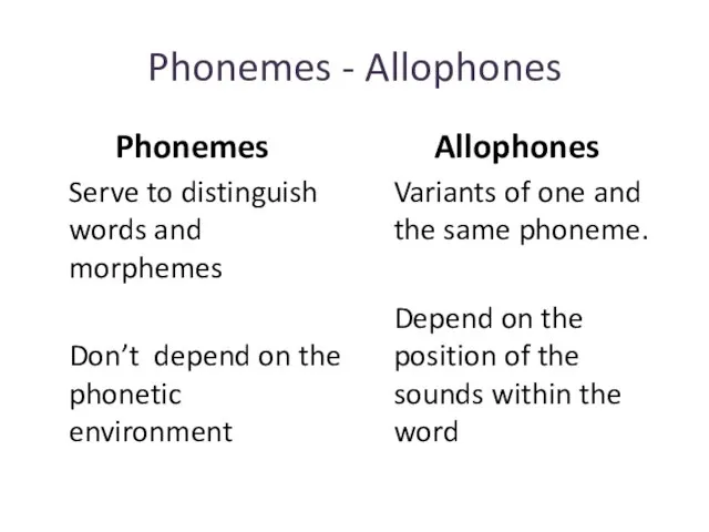 Phonemes - Allophones Phonemes Serve to distinguish words and morphemes Don’t depend