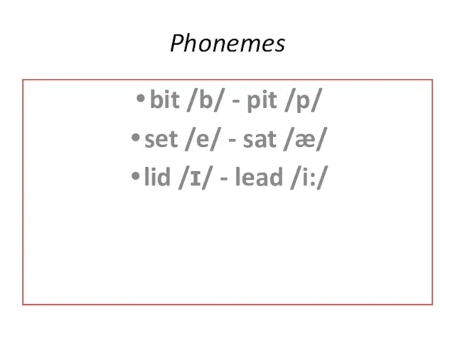 Phonemes bit /b/ - pit /p/ set /e/ - sat /æ/ lid /ɪ/ - lead /i:/