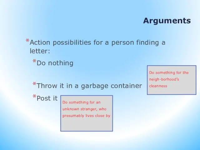 Arguments Action possibilities for a person finding a letter: Do nothing Throw