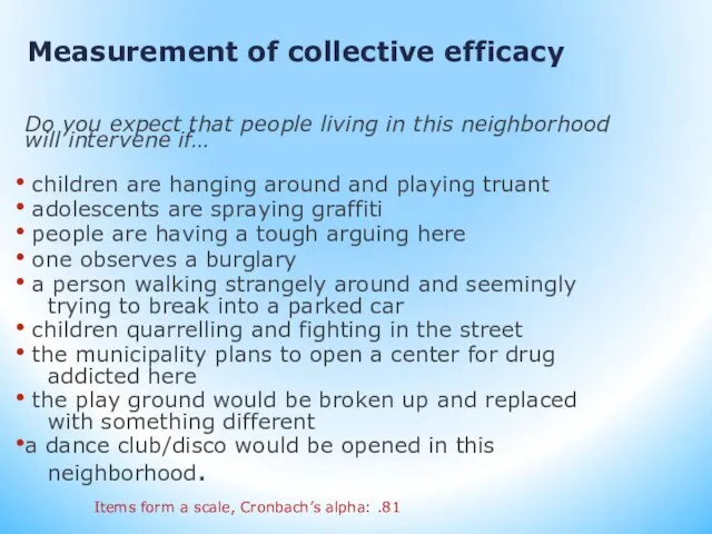 Measurement of collective efficacy Do you expect that people living in this