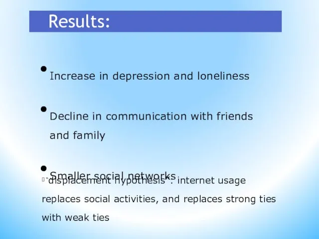 Results: Increase in depression and loneliness Decline in communication with friends and