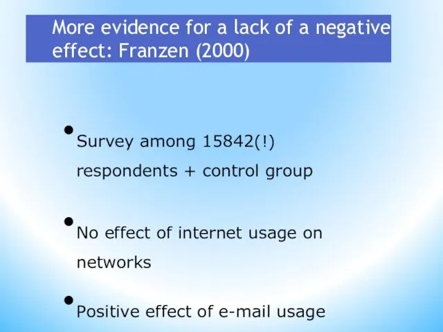 More evidence for a lack of a negative effect: Franzen (2000) Survey