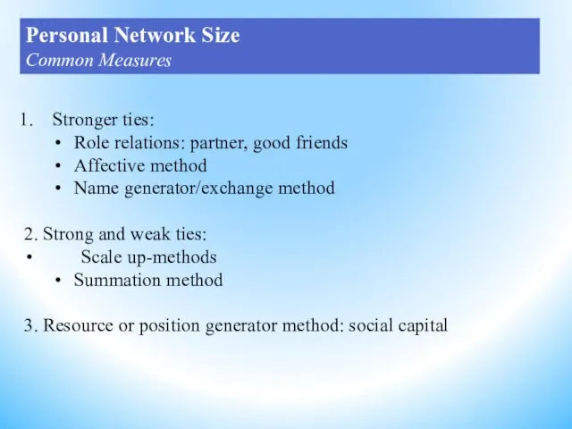 Stronger ties: Role relations: partner, good friends Affective method Name generator/exchange method