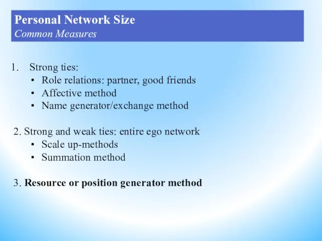 Strong ties: Role relations: partner, good friends Affective method Name generator/exchange method