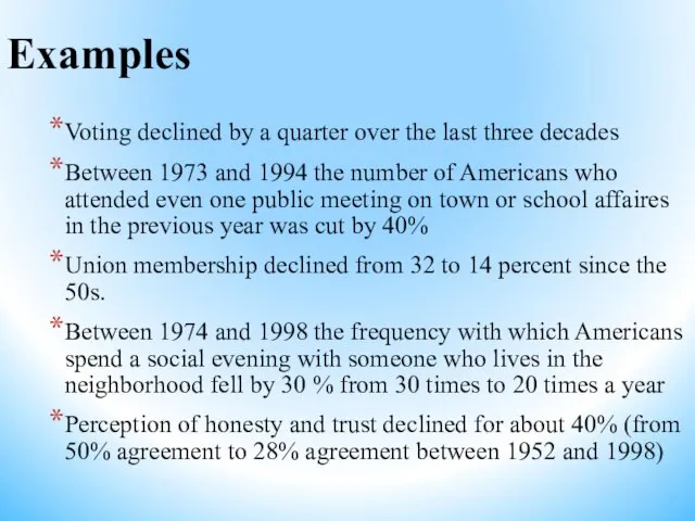 Examples Voting declined by a quarter over the last three decades Between