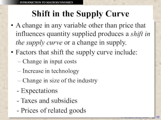 © OnlineTexts.com p. Shift in the Supply Curve A change in any