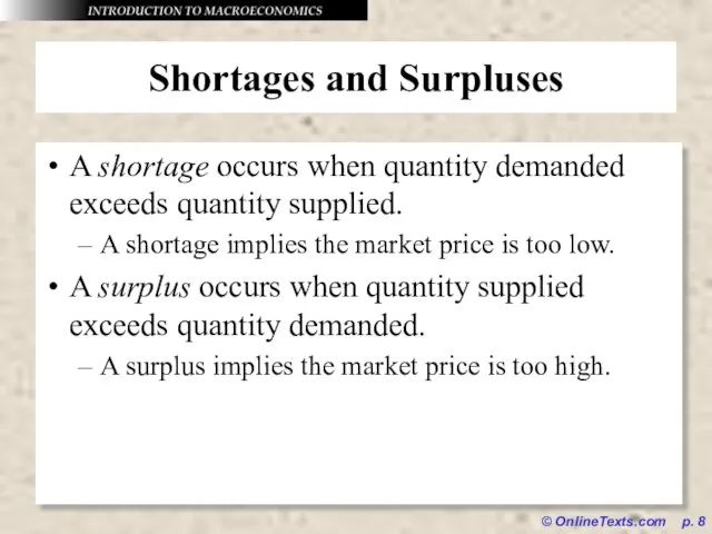 © OnlineTexts.com p. Shortages and Surpluses A shortage occurs when quantity demanded