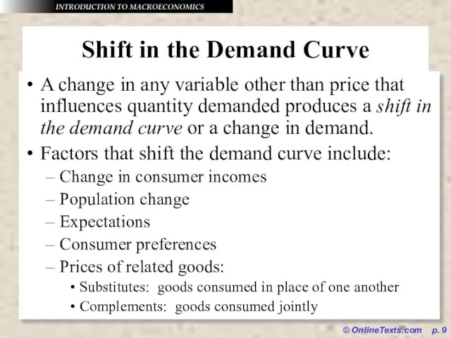 © OnlineTexts.com p. Shift in the Demand Curve A change in any