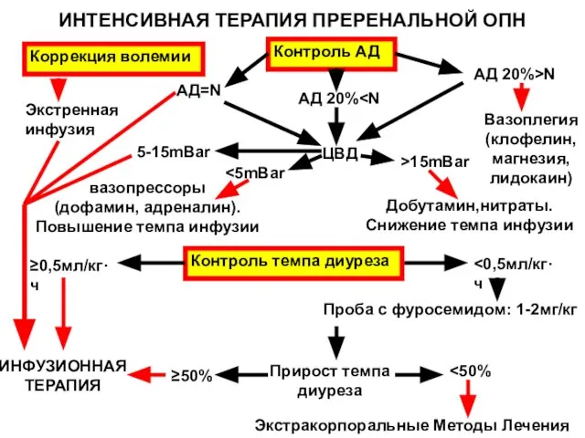 ИНТЕНСИВНАЯ ТЕРАПИЯ ПРЕРЕНАЛЬНОЙ ОПН Коррекция волемии Экстренная инфузия Контроль АД АД 20%