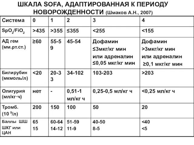 ШКАЛА SOFA, АДАПТИРОВАННАЯ К ПЕРИОДУ НОВОРОЖДЕННОСТИ (Шмаков А.Н., 2007)