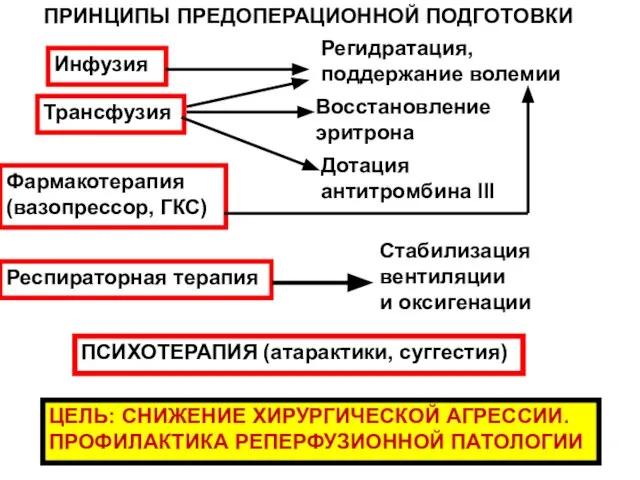 Инфузия Регидратация, поддержание волемии Трансфузия Восстановление эритрона Дотация антитромбина III Фармакотерапия (вазопрессор,