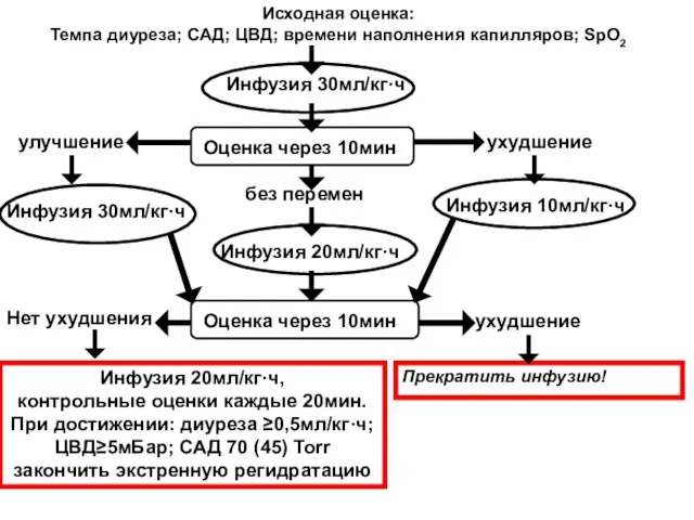 Инфузия 30мл/кг·ч Исходная оценка: Темпа диуреза; САД; ЦВД; времени наполнения капилляров; SpO2