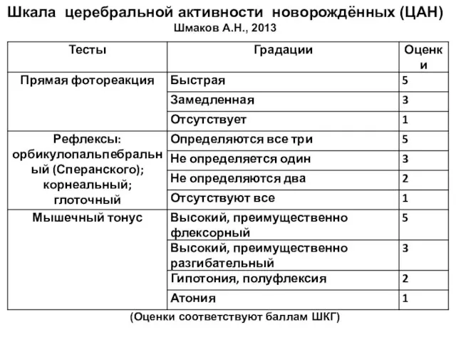 Шкала церебральной активности новорождённых (ЦАН) Шмаков А.Н., 2013 (Оценки соответствуют баллам ШКГ)