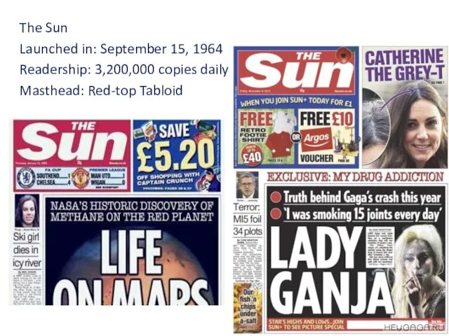 The Sun Launched in: September 15, 1964 Readership: 3,200,000 copies daily Masthead: Red-top Tabloid