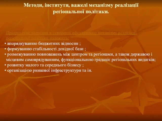 Методи, інститути, важелі механізму реалізації регіональної політики. Пріоритетне значення в створенні ефективного