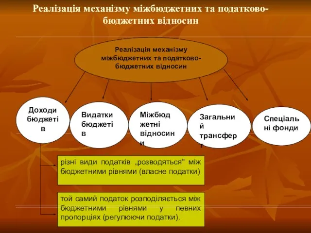 Реалізація механізму міжбюджетних та податково-бюджетних відносин Доходи бюджетів Видатки бюджетів Міжбюджетні відносини