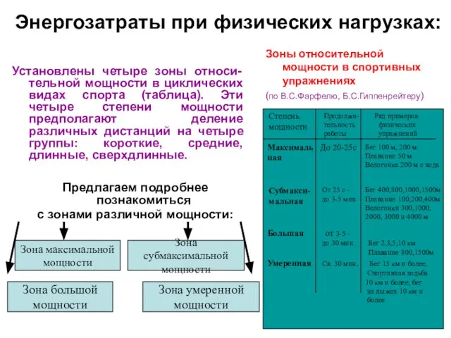 Энергозатраты при физических нагрузках: Установлены четыре зоны относи-тельной мощности в циклических видах