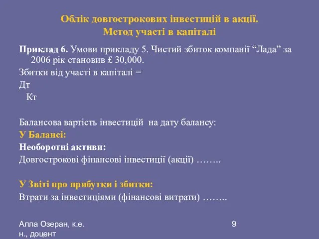 Алла Озеран, к.е.н., доцент Облік довгострокових інвестицій в акції. Метод участі в