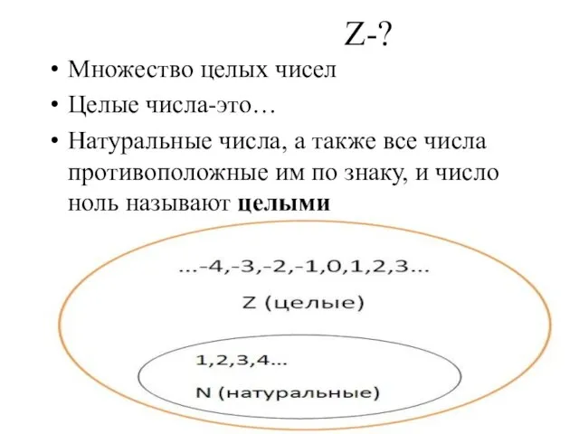 Z-? Множество целых чисел Целые числа-это… Натуральные числа, а также все числа