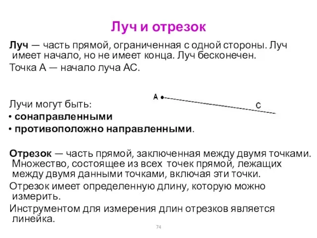 Луч и отрезок Луч — часть прямой, ограниченная с одной стороны. Луч