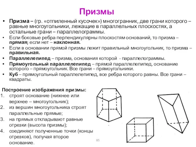 Призмы Призма – (гр. «отпиленный кусочек») многогранник, две грани которого – равные