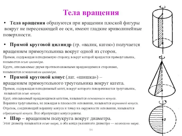 Тела вращения Тела вращения образуются при вращении плоской фигуры вокруг не пересекающей