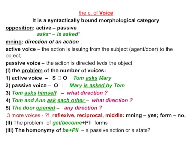 the c. of Voice It is a syntactically bound morphological category opposition: