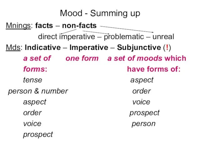 Mood - Summing up Mnings: facts – non-facts direct imperative – problematic