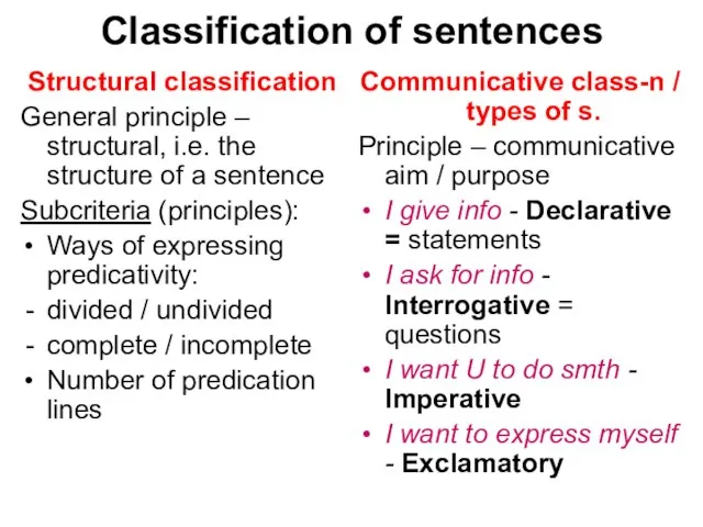 Classification of sentences Structural classification General principle – structural, i.e. the structure