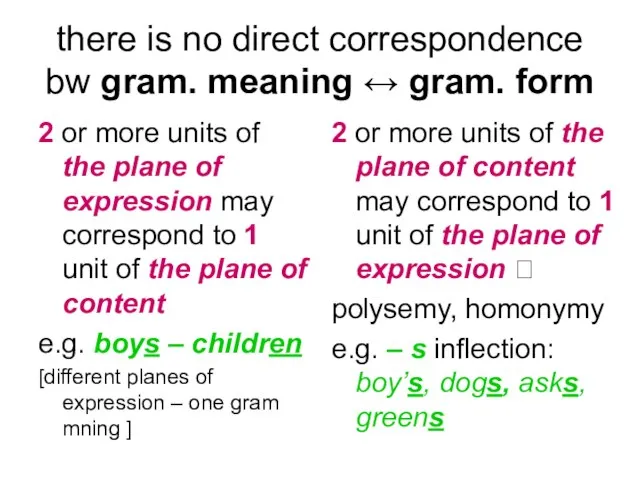 there is no direct correspondence bw gram. meaning ↔ gram. form 2