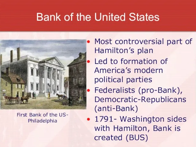 Bank of the United States Most controversial part of Hamilton’s plan Led