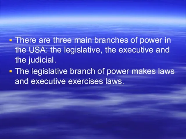 There are three main branches of power in the USA: the legislative,