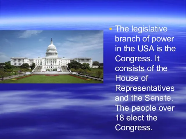 The legislative branch of power in the USA is the Congress. It
